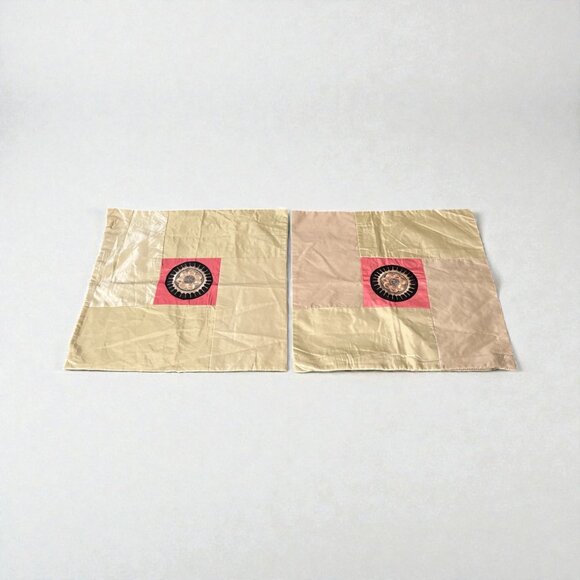 Set of 2 Boho Silk Throw Pillow Covers 16.5” Beige Patchwork Embroidered Mandala - Picture 5 of 5